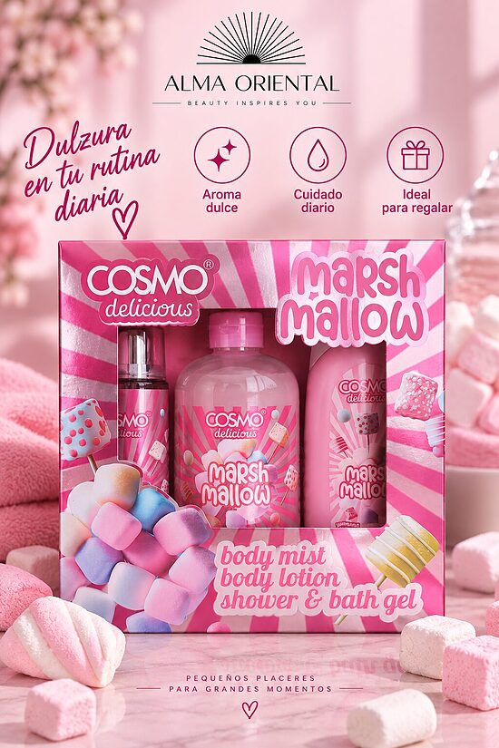 COSMO Delicious Marshmallow Gift Set – Pack Corporal Gourmand 3 Piezas. Gel de ducha + Body Lotion + Bruma