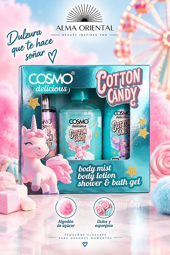 COSMO Delicious Cotton Candy Gift Set – Pack Corporal Gourmand 3 Piezas. Gel de ducha + Body Milk + Bruma