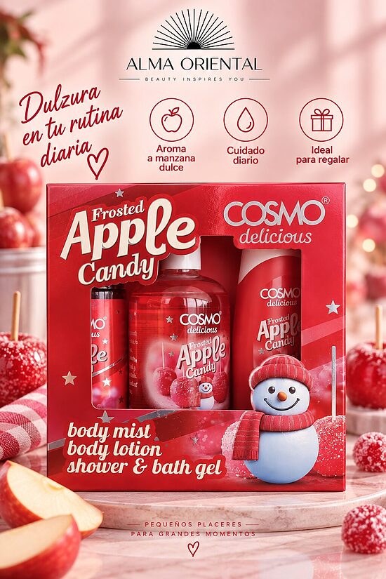 COSMO Delicious Frosted Apple Candy Gift Set – Pack Corporal Gourmand 3 Piezas. Gel de ducha + Body Milk + Bruma